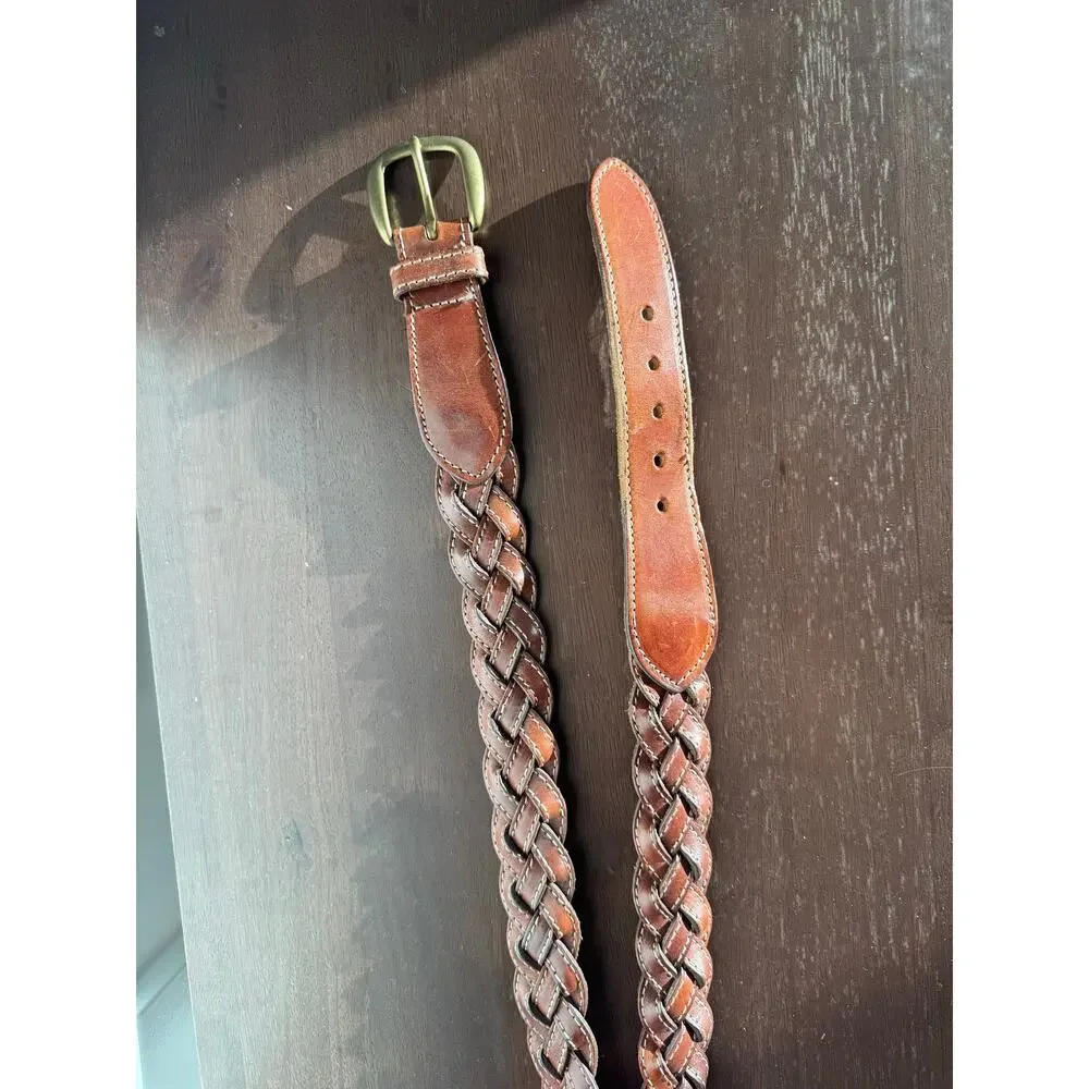 Genuine Leather Braided Woven GAP Belt Brown Brass Buckle Boho Western Size S 30